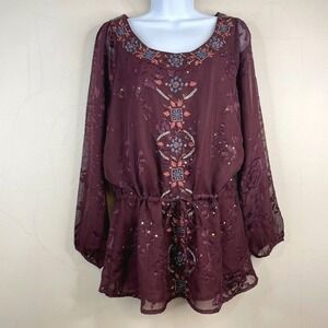 Sundance Boho Burnout Whimsigoth Top‎ Medium Southwest Embroidered Peplum Tunic